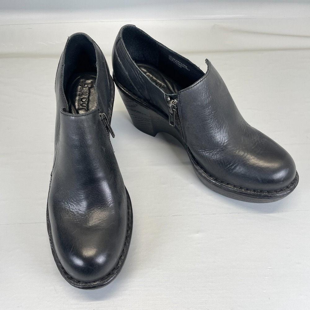 Born Wedge Shoes Womens Size 8 M Black Leather Zip Up Casual Dressy Clogs - Picture 2 of 11